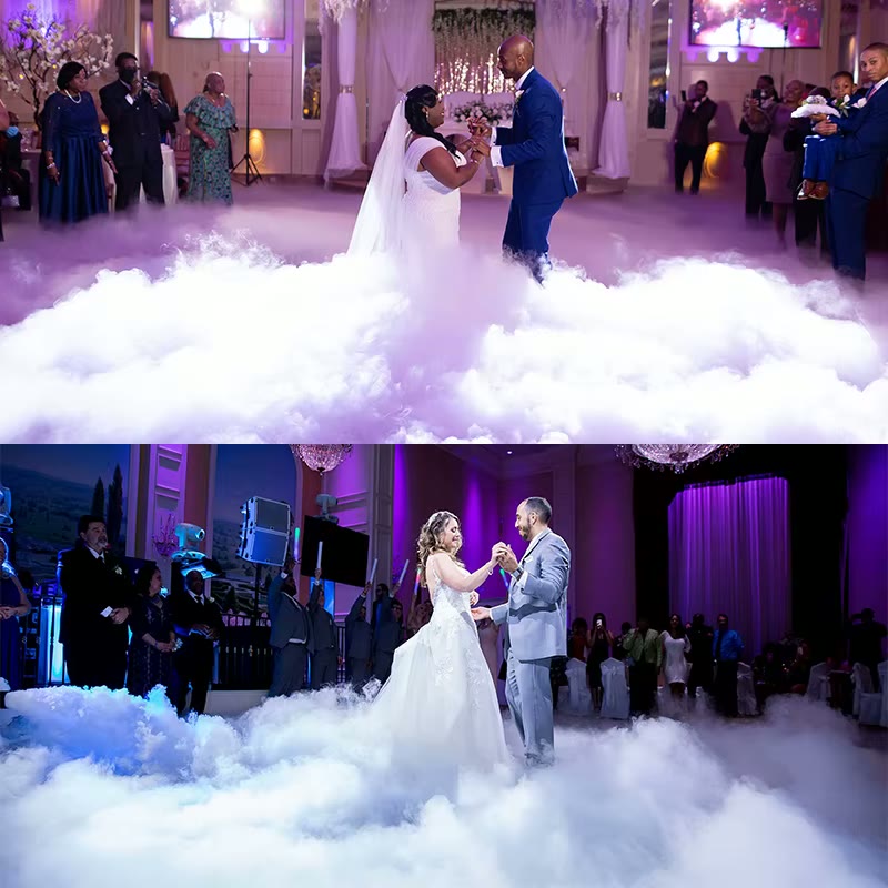 Two couples dancing on the clouds, low fog covering the dance floor under purple uplighting
