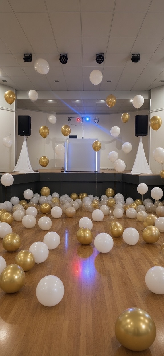 White DJ booth on stage with gold and white balloon decor